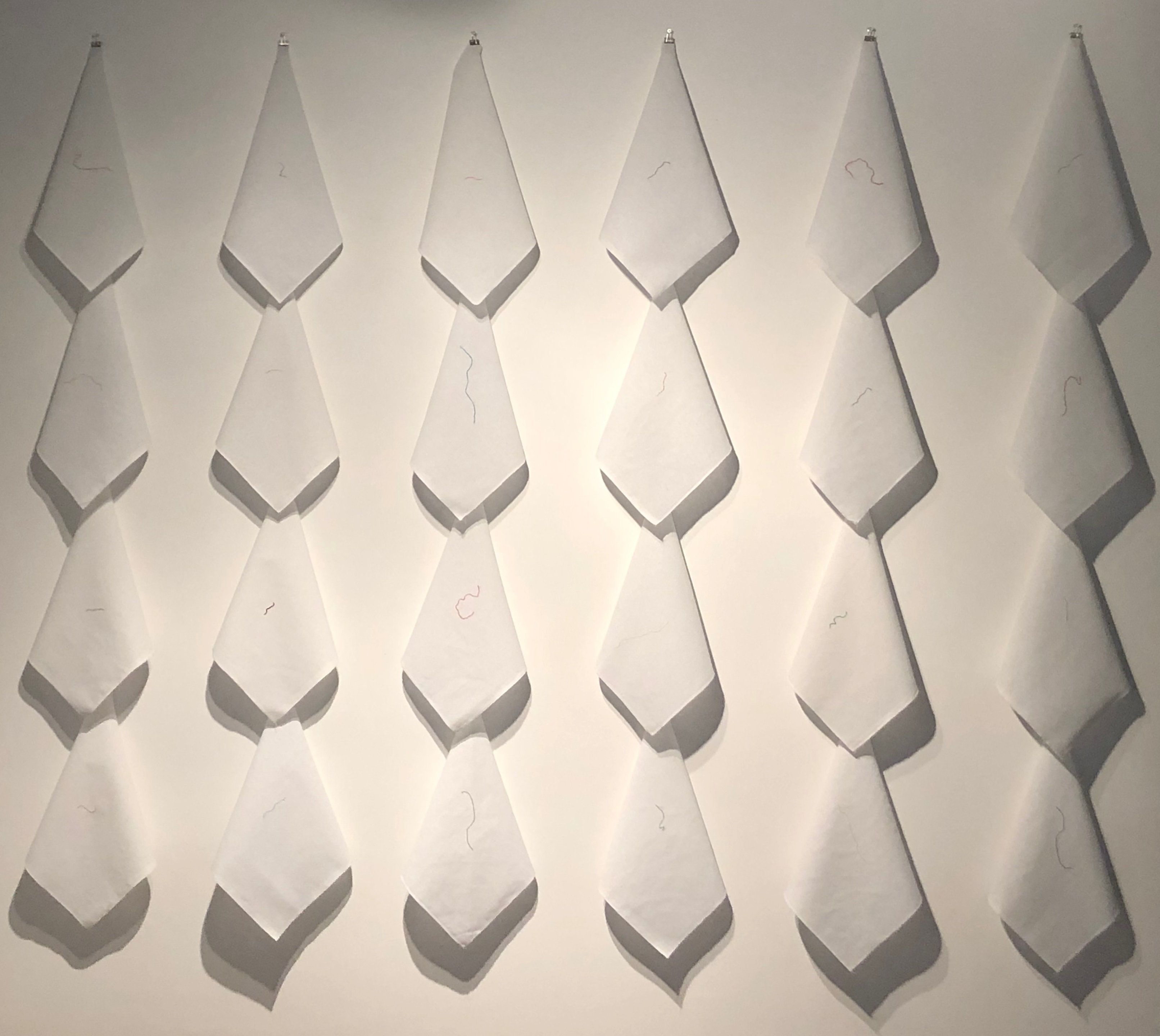 "Trazos Migratorios". 2014-2019. 24 Pieces of cloth hand embroidered.. Unique piece. Dimensions variable.