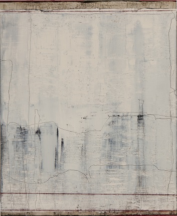 "Three carmine lines", 2019, oil and pigment on plywood, 122 x 100 cm.