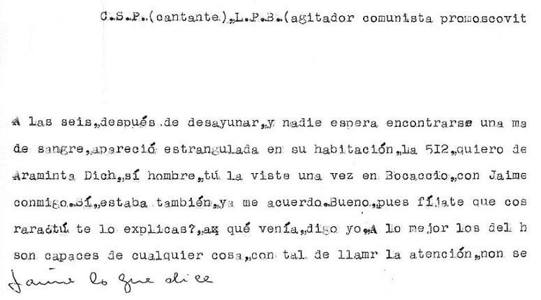 "C.S.P. (cantante), L.P.B. (agitador comunista promoscovit)". Documento original.