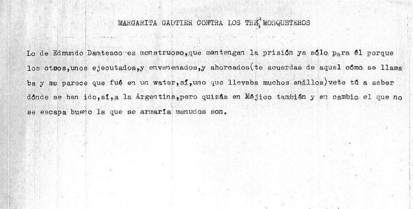 "Margarita Gautier contra los tres mosqueteros". Documento original.