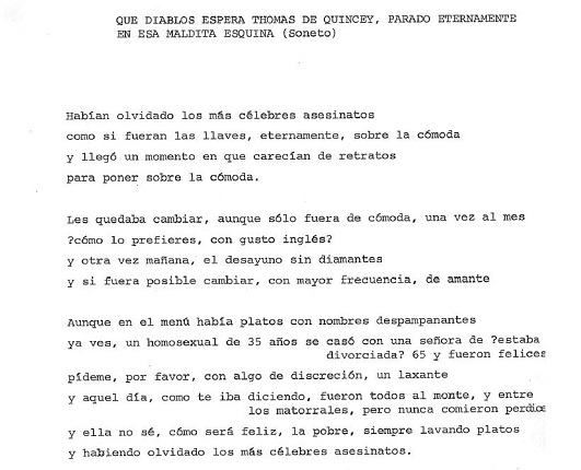 "Qué diablos espera Thomas de Quincey, parado eternamente en esa maldita esquina". Documento original.