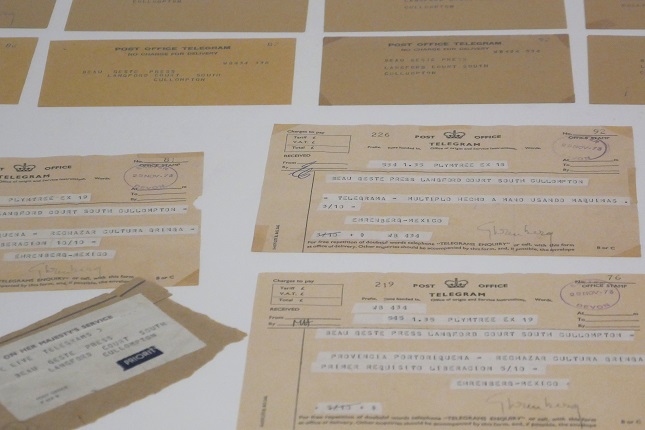 Felipe Ehrenberg, "Telegramas a la Bienal de San Juan", 1973. Tercera Bienal de San Juan del Grabado Latinoamericano (1974). Instituto de Cultural Puertorriqueña, San Juan, Puerto Rico. 12 sobres y 9 telegramas. Edición 2/2.
