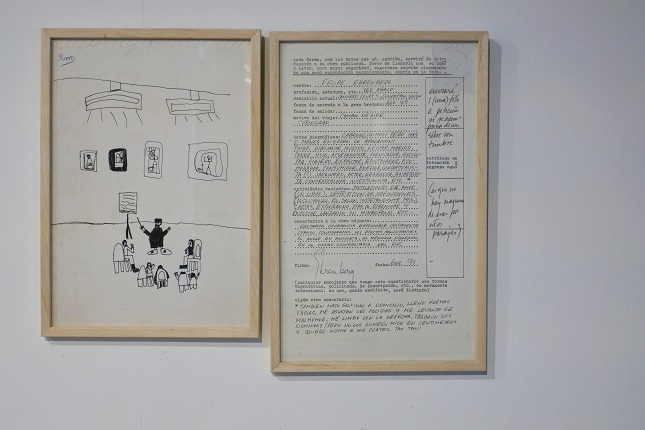 Felipe Ehrenberg, Autorretrato: "Dibujo infantil", 1992 y "Forma", 1971. Díptico: dibujo original anónimo, firmado por un niño R.M., realizado a bolígrafo sobre papel (29 x 20,5 cm) y fotocopia de impresión sobre papel y escritura original a tinta (33 x 20,5 cm).