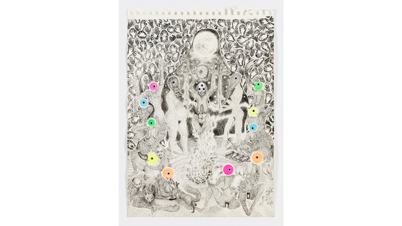 "La invención de la rueda", 2019. Tinta sobre papel y ojos de plástico. 40 x 29,5 cm.