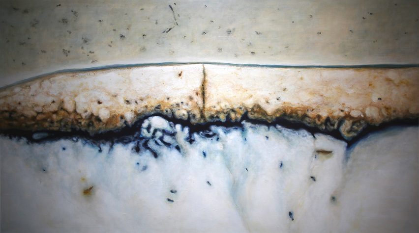 "Equestrian Portrait Sky", from the "Archaeology of Color" series, 2019. It represents the stratigraphic photography of the work "Equestrian Portrait of Philip III" by Diego Velázquez. Mixed media on canvas. 140 x 250 cm.