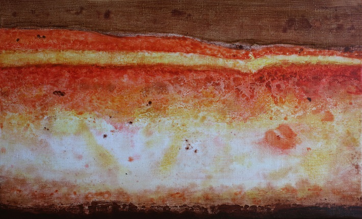 "The Paradise Sky", 2020. It represents the stratigraphic photography of the work "Paradise" by Tintoretto. Oil on canvas. 33 x 55 cm.