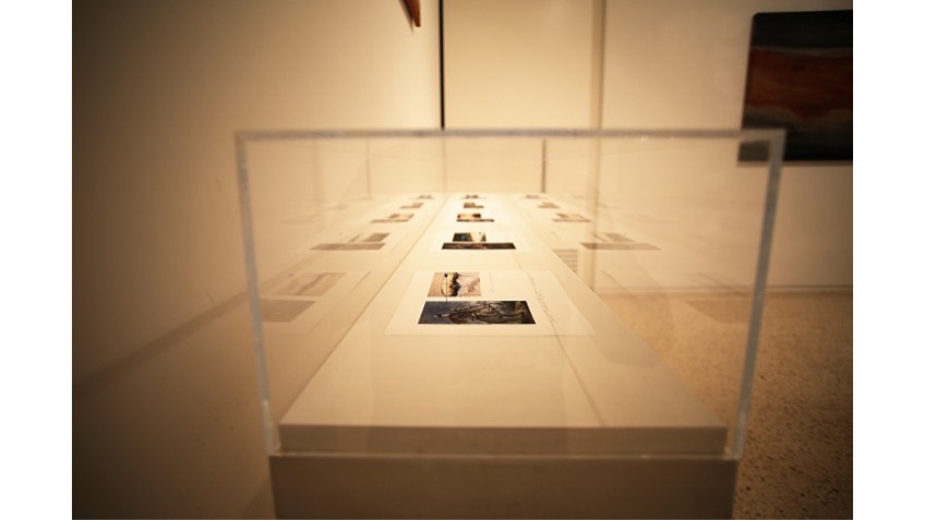 Vista de la vitrina de la exposición  "Arqueología del color", 2019 en Galería Freijo.