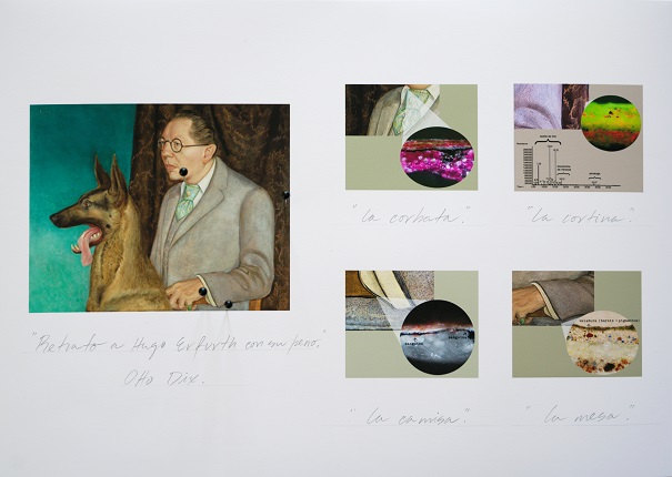 Obra-documento de "Estudio de Anatomía Pictórica: “Retrato a Hugo Erfurth con su perro”. La mesa, la corbata, la cortina y la camisa", 2018.