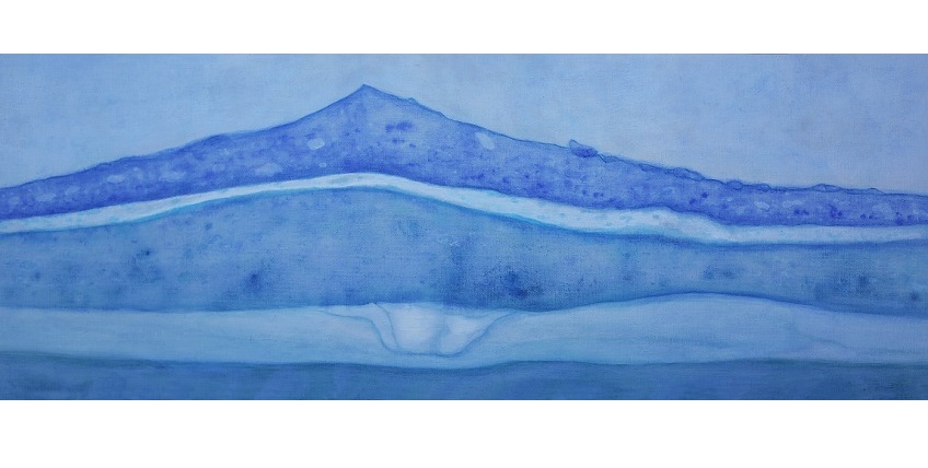 "Estudio de Anatomía Pictórica: “Mujer en Azul”. El Azul", 2020. Representa la fotografía estratigráfica realizada a la obra "Mujer en Azul", de Pablo Picasso.  Óleo sobre lienzo. 40 x 110 cm