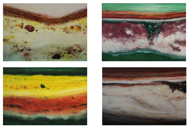 "Study of Pictorial Anatomy: "Portrait of Hugo Erfurth with his dog". The Table, the Tie, the Curtain and the Shirt", 2018. Polyptych which represents the stratigraphic photographs of the "Portrait of Hugo Erfurth with his dog", by Otto Dix. Encaustic painting on panel. 50 x 70 cm each.