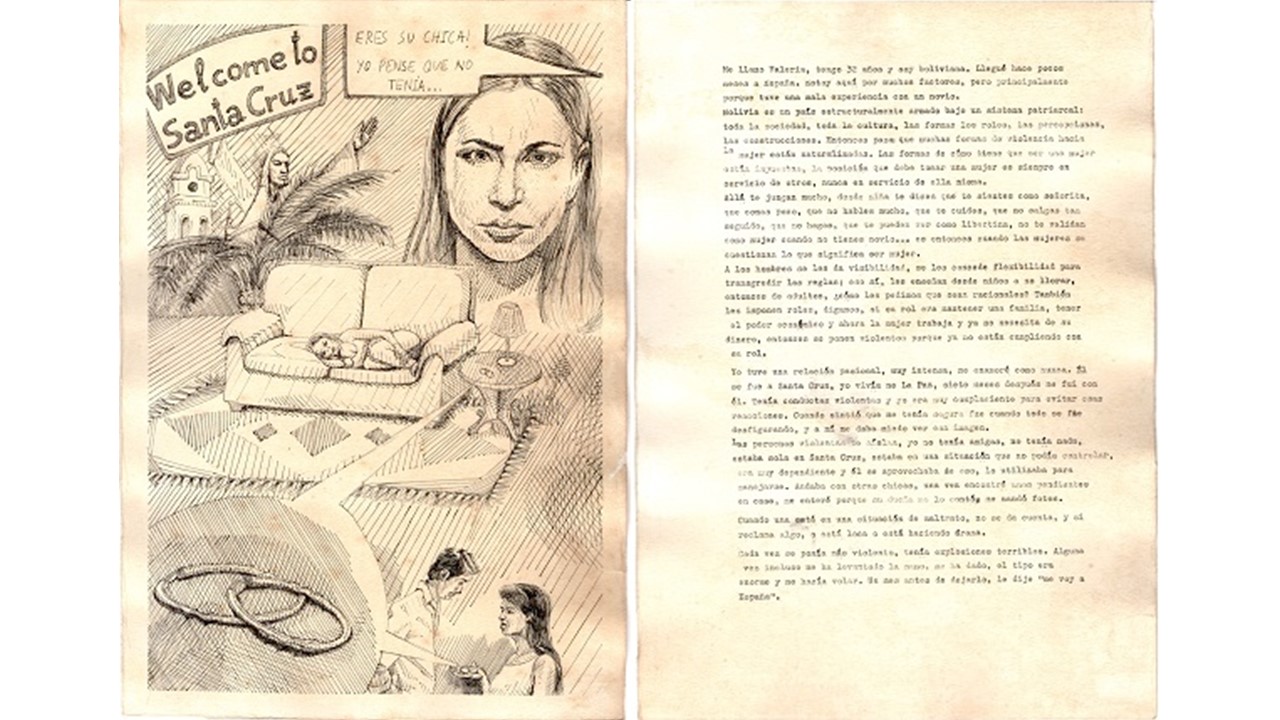 "Valeria", 2020. Dibujo a tinta, texto mecanografiado y pieza de audio. Galería Freijo, 2016.