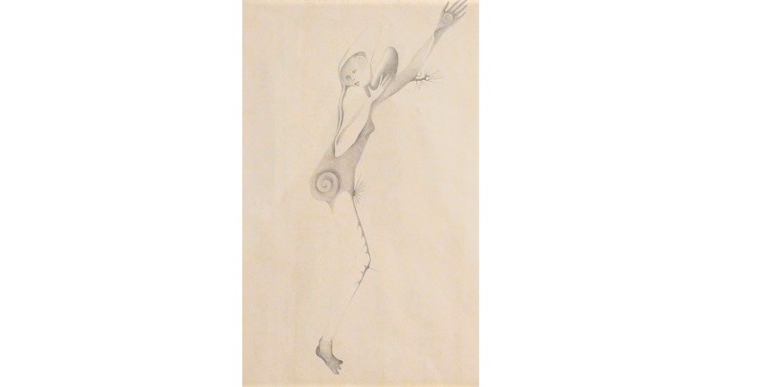 Remedios Varo. "Mujer caracola", ca. 1957. Dibujo a lápiz sobre papel. 27 x 17 cm.