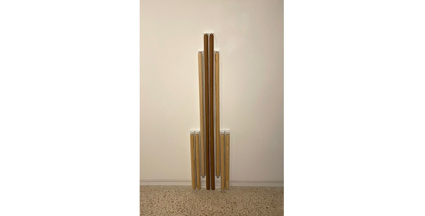 "Pisatario: ‘Monument’ to Vladimir Tatlin, 1964", 2016-2021. Aluminum and woods of wenge, iroko, pine, oak and sapele. 153 x 40 x 5 cm. Unique piece. Courtesy Estrany-de la Mota