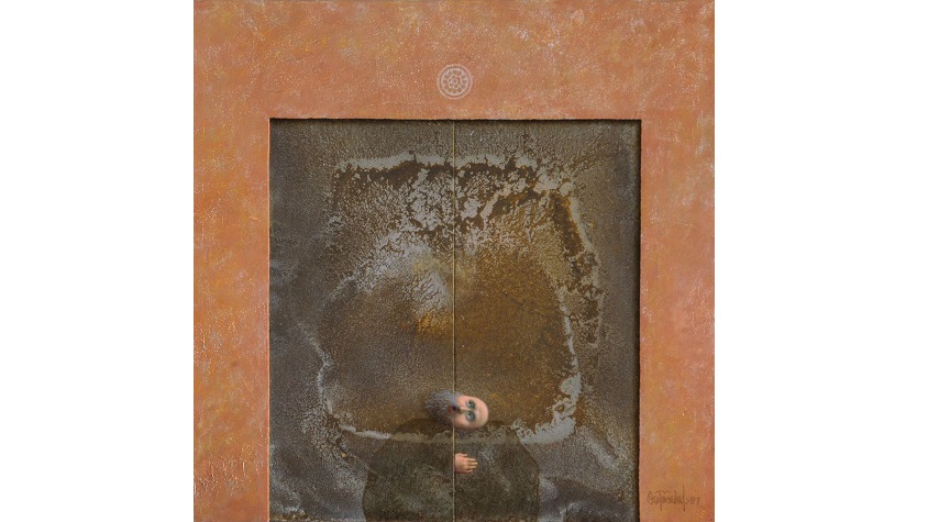 Alfredo Castañeda, "Para hacerse invisible II (La puerta)", 2007 . Óleo sobre lienzo. 40 x 40 cm
