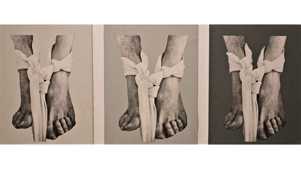 "Pies degradación en color", 1974. Triptych. Mixed media on photolinen canvas. 52 x 40 cm each