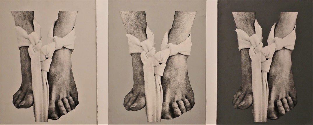 "Pies degradación en color", 1974. Triptych. Mixed media on photolinen canvas. 52 x 40 cm each