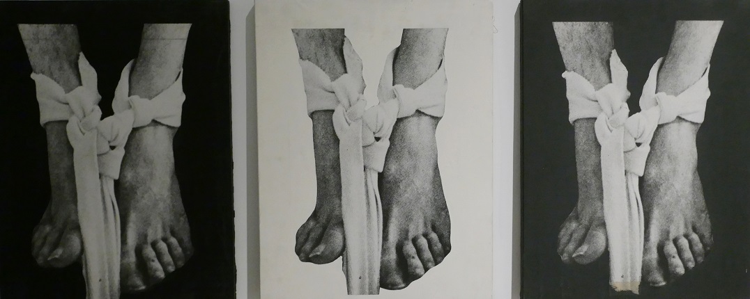 "Pies degradación en color", 1974. Triptych. Mixed media on photolinen canvas. 52 x 40 cm each
