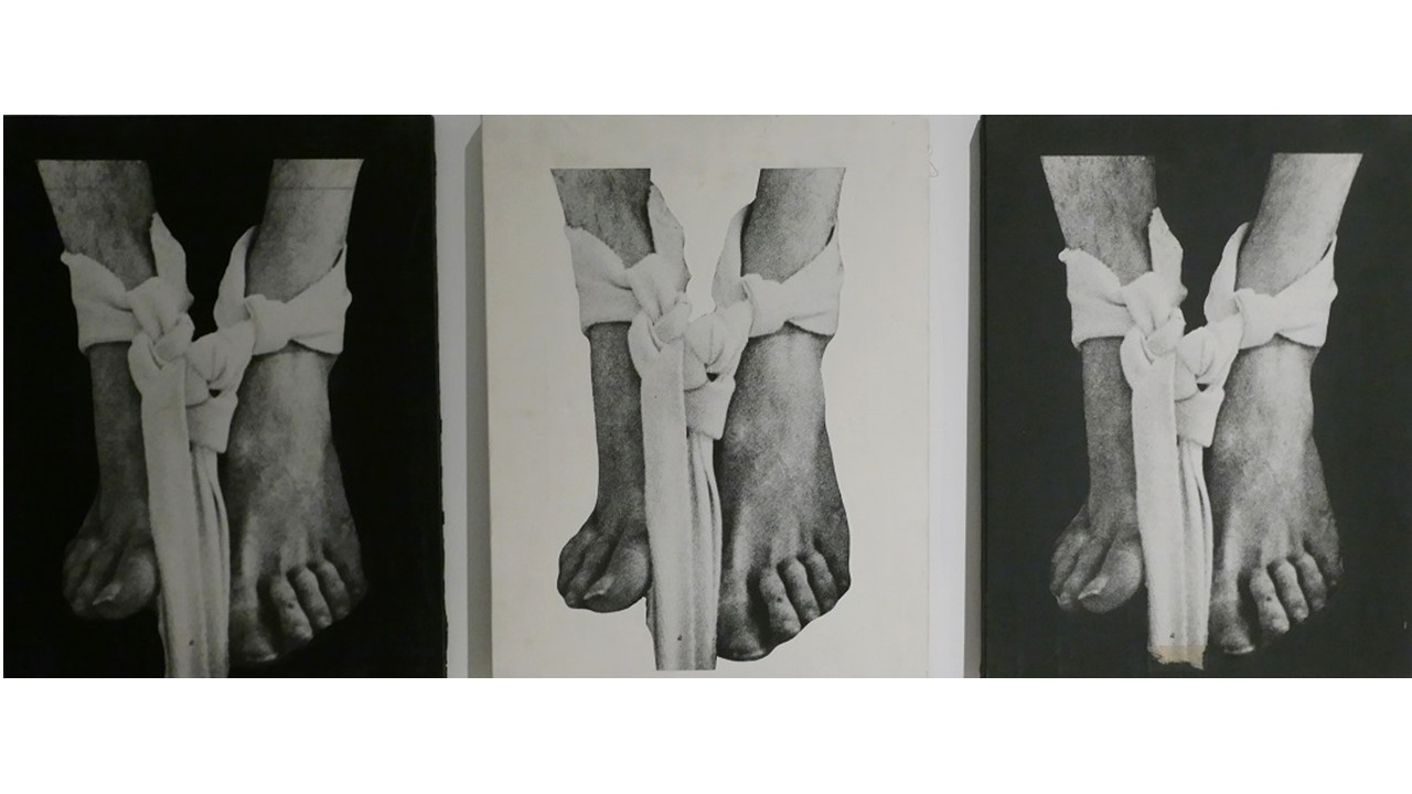 "Pies degradación en color", 1974. Triptych. Mixed media on photolinen canvas. 52 x 40 cm each