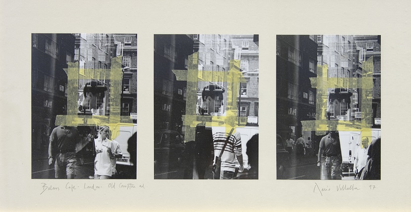 "Balans Café. London. Old Comptton Rd. [Documento básico]", 1997. Técnica mixta sobre fotografía procesada en blanco y negro. 41 x 75 cm.