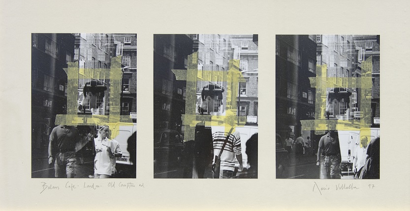 "Balans Café. London. Old Comptton Rd. [Basic document]", 1997. Mixed media on processed black and white photograph. 41 x 75 cm.