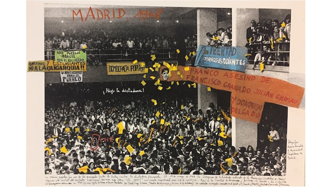 "Madrid, 1968". From the series "1968: The Fire of Ideas", 2014-2018. Black and white archival photograph © Archivo General de la Universidad Complutense de Madrid,1968, intervened with handwritten texts by Marcelo Brodsky, 2016.