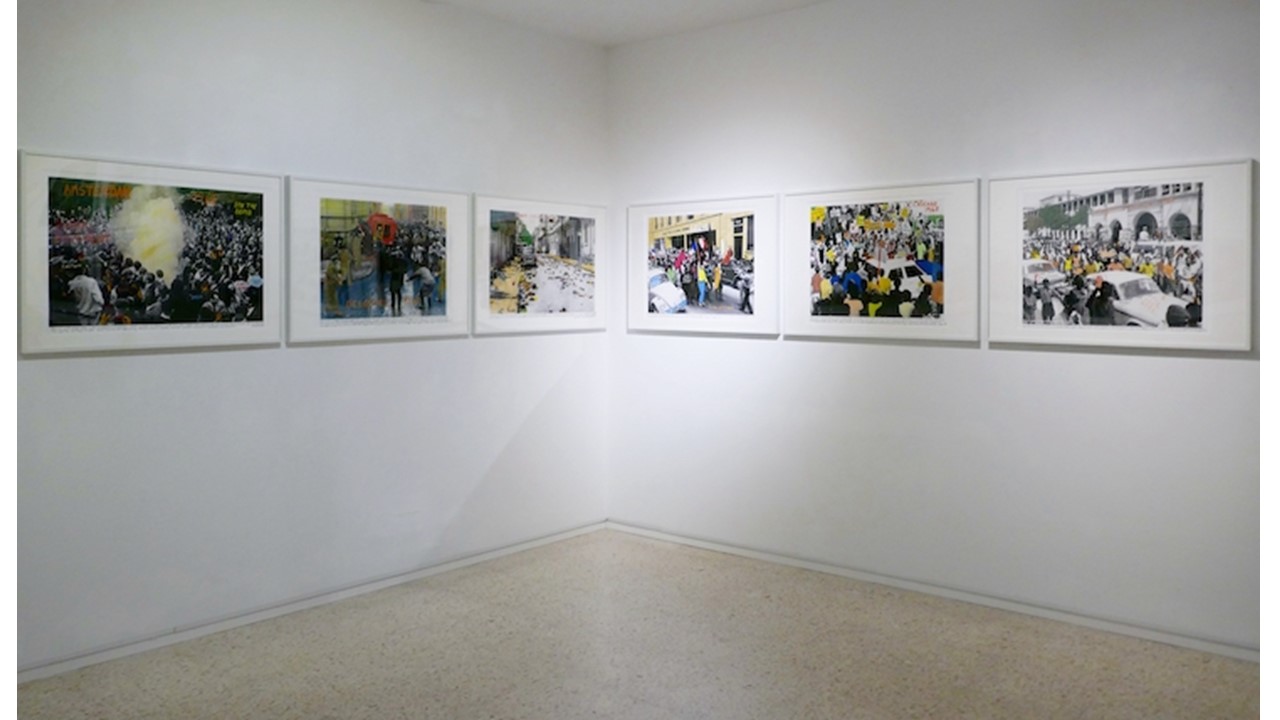 Installation view  "1968: El fuego de las ideas" by Marcelo Brodsky (Argentina, 1954) at Galería Freijo, 2021.  Photographs of social mobilisations of the 1960s, intervened by the author through painting and writing.