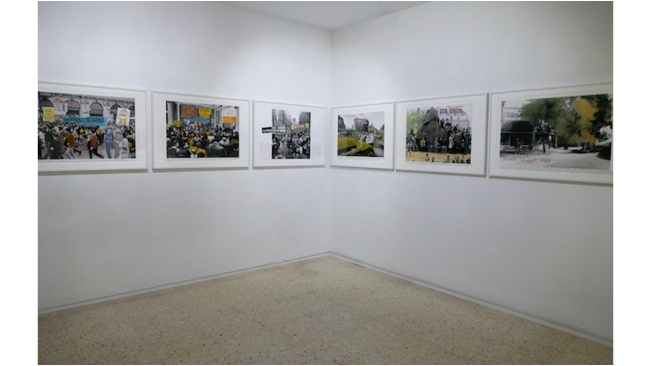 Installation view  "1968: El fuego de las ideas" by Marcelo Brodsky (Argentina, 1954) at Galería Freijo, 2021.  Photographs of social mobilisations of the 1960s, intervened by the author through painting and writing.