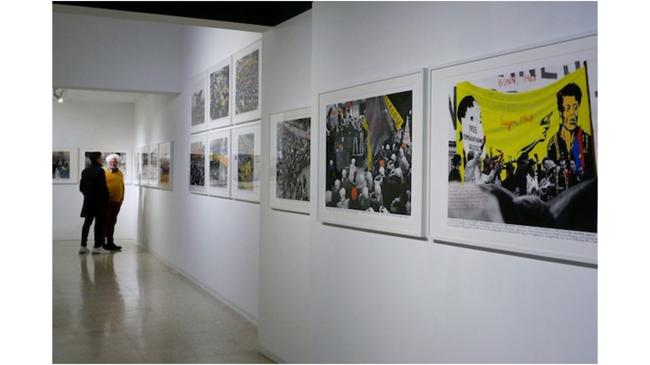 Installation view  "1968: El fuego de las ideas" by Marcelo Brodsky (Argentina, 1954) at Galería Freijo, 2021.  Photographs of social mobilisations of the 1960s, intervened by the author through painting and writing.