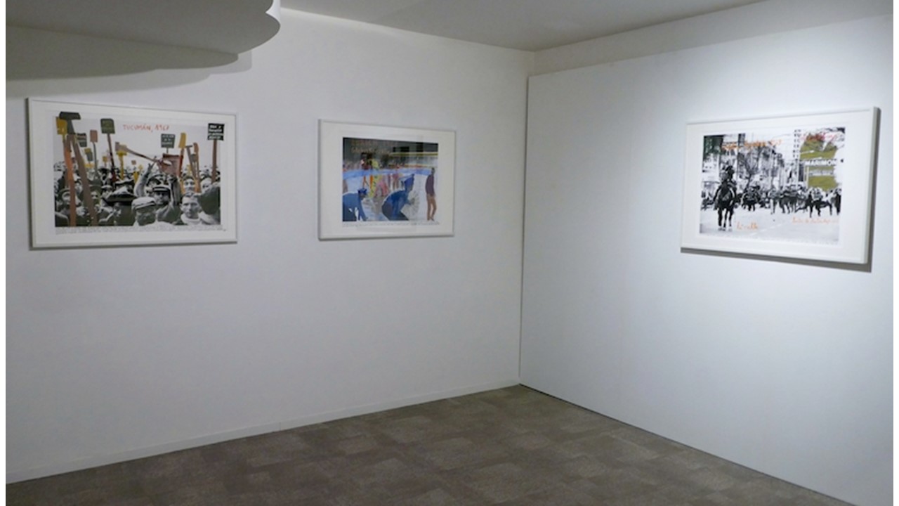 Installation view  "1968: El fuego de las ideas" by Marcelo Brodsky (Argentina, 1954) at Galería Freijo, 2021.  Photographs of social mobilisations of the 1960s, intervened by the author through painting and writing.