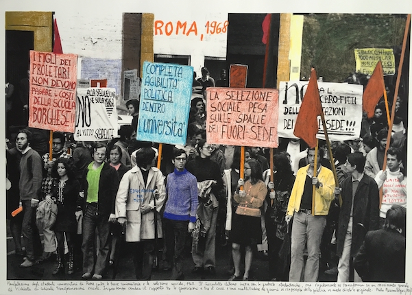 "Rome, 1968." From the series "1968: The fire of ideas", 2016. Black and white archival photograph © Massimo Vergari/A3/Contrasto, intervened with handwritten texts by the artist.
Printed with hard pigment inks on Hahnemühle paper. 60 x 90 cm. Monotype. Ed. 7