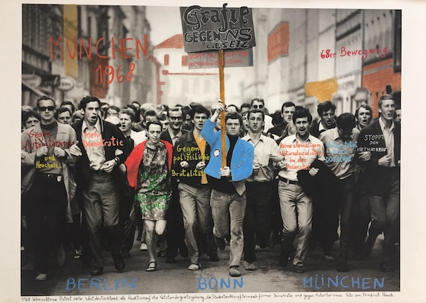 "Munchen, 1968." From the series "1968: The Fire of Ideas", 2015. Black and white archival photograph © Friedrich Rauch, 1968, intervened with handwritten texts by the artist. Printed with hard pigment inks on Hahnemühle paper. 60 x 90 cm. Monotype. Ed. 7