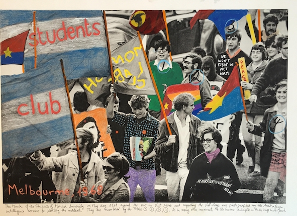 "Melbourne, 1968." From the series "1968: The Fire of Ideas", 2017. Black and white archival photograph © Australian Secret Service, 1968, intervened with handwritten texts by the artist.
Printed with hard pigment inks on Hahnemühle paper. 60 x 90 cm. Monotype. Ed. 7