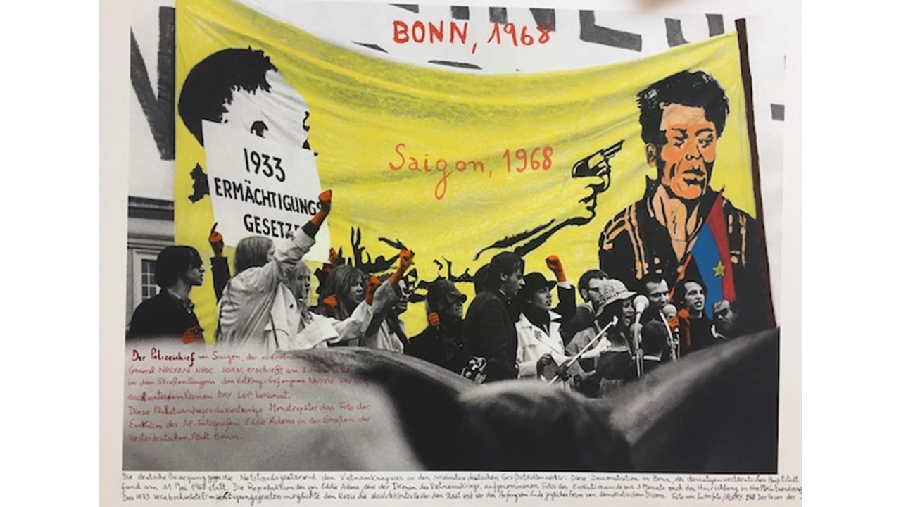 "Bonn, 1968. From the series 1968: The Fire of Ideas", 2017. Black and white archival photograph © Interfoto, 1968, intervened with handwritten texts by the artist. At Freijo Gallery, 2021.