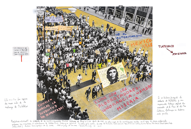 "Mexico, 1968." From the series "1968: The fire of ideas", 2017. Black and white archival photograph © Col M. Gutiérrez Paredes Archivo Icon UNAM, 1968, intervened with handwritten texts by the artist. Printed with hard pigment inks on Hahnemühle paper. 60 x 90 cm. Monotype. Ed. 7