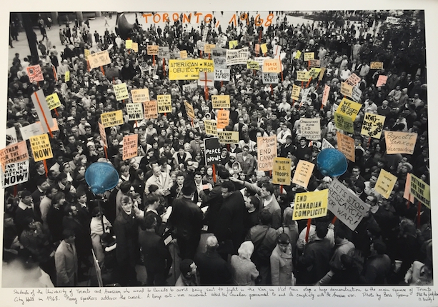 "Toronto, 1968." From the series "1968: The Fire of Ideas," 2017. Black and white archival photograph © Boris Spremo, 1968, intervened with handwritten texts by the artist. Printed with hard pigment inks on Hahnemühle paper. 60 x 90 cm. Monotype. Ed. 7