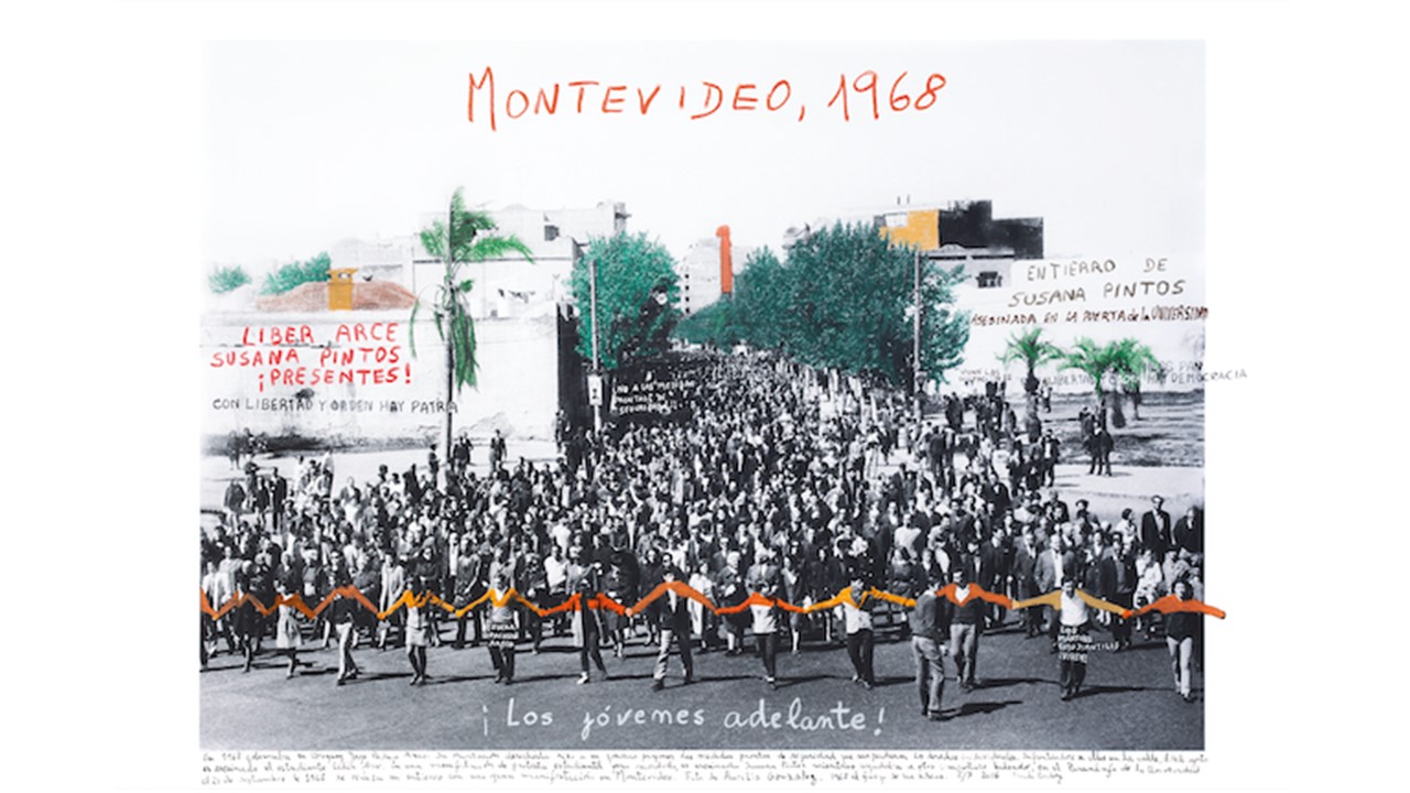 "Montevideo, 1968." From the series "1968: The Fire of Ideas", 2016. Black and white archival photograph © Aurelio González, 1968, intervened with handwritten texts by the artist. At Freijo Gallery, 2021.