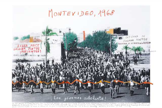 "Montevideo, 1968." From the series "1968: The Fire of Ideas", 2016. Black and white archival photograph © Aurelio González, 1968, intervened with handwritten texts by the artist. Printed with hard pigment inks on Hahnemühle paper. 60 x 90 cm. Monotype. Ed. 7