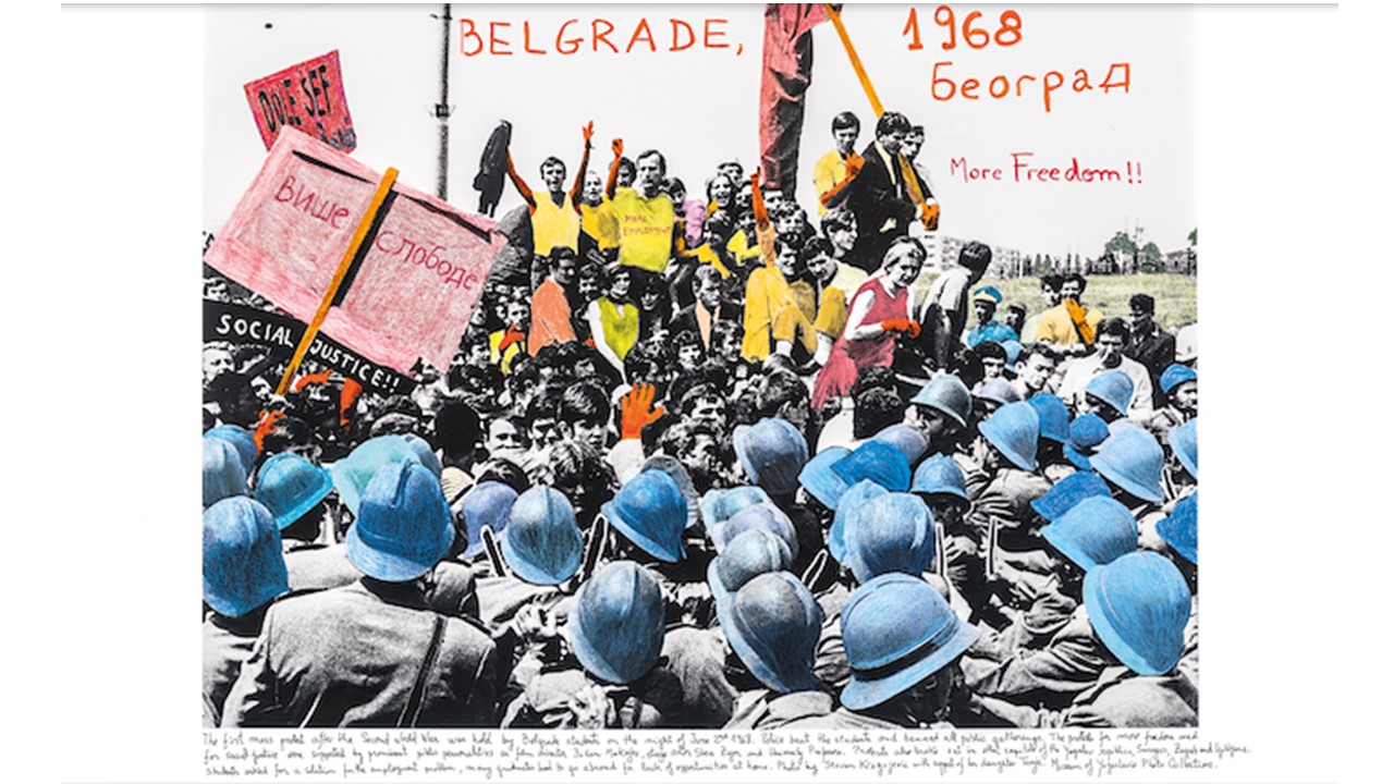 "Belgrado, 1968". De la serie "1968: El fuego de las ideas", 2014-2017. Fotografía de archivo en blanco y negro © Stevan Kragujevic, Colección del Museo de Yugoslavia,1968, intervenida con textos manuscritos del artista.