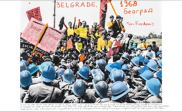 "Belgrade, 1968." From the series "1968: The Fire of Ideas", 2014-2017. Black and white archival photograph © Stevan Kragujevic, Collection of the Museum of Yugoslavia,1968, intervened with handwritten texts by the artist. Print with hard pigment inks on Hahnemühle paper.
60 x 90 cm. Monotype. Ed. 7