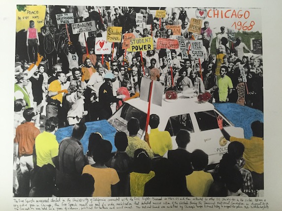 "Chicago, 1968". From the series "1968: The Fire of Ideas", 2014-2018. Black and white archival photograph © Hulton Archive, 1968, intervened with handwritten texts by Marcelo Brodsky, 2017.
Print with hard pigment inks on Hahnemühle paper. 60 x 90 cm. Monotype. Ed. 7