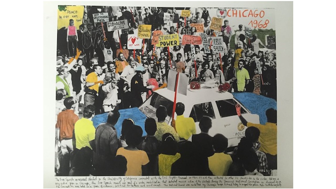 "Chicago, 1968". From the series "1968: The Fire of Ideas", 2014-2018. Black and white archival photograph © Hulton Archive, 1968, intervened with handwritten texts by Marcelo Brodsky, 2017. At Freijo Gallery, 2021.