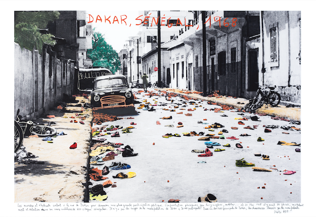 "Dakar, Sénégal, 1968." From the series "1968: The Fire of Ideas", 2017. Black and white archival photograph © Agence France Presse, 1968, intervened with handwritten texts by the artist.
Printed with hard pigment inks on Hahnemühle paper. 60 x 90 cm. Monotype. Ed. 7