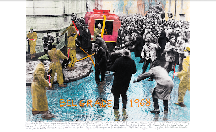 "Belgrade, 1968." From the series "1968: The Fire of Ideas", 2014-2018. Black and white archival photograph © Stevan Kragujeric, Collection of the Museum of Yugoslavia, 1968, intervened with handwritten texts by the artist. Printed with hard pigment inks on Hahnemühle paper.
60 x 90 cm. Monotype. Ed. 7