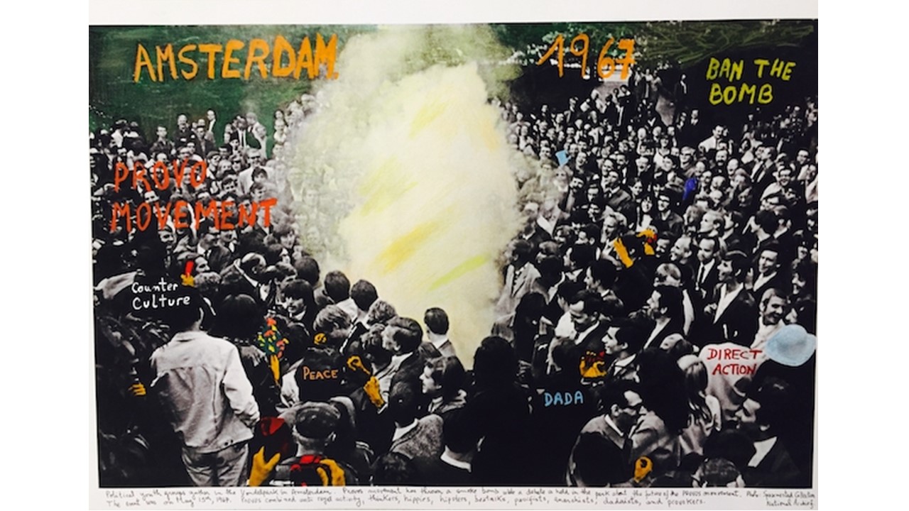 "Amsterdam, 1967." From the series "1968: The Fire of Ideas," 2016. Black and white archival photograph © Spaarnestad Collection National Archief, 1967, intervened with handwritten texts by the artist.