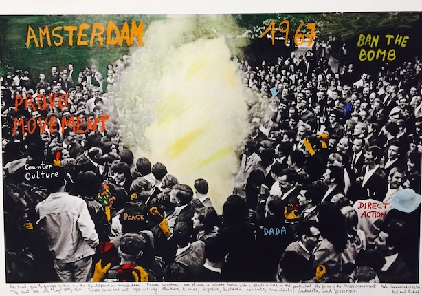 "Amsterdam, 1967." From the series "1968: The Fire of Ideas," 2016. Black and white archival photograph © Spaarnestad Collection National Archief, 1967, intervened with handwritten texts by the artist. Printed with hard pigment inks on Hahnemühle paper. 60 x 90 cm. Monotype. Ed. 7