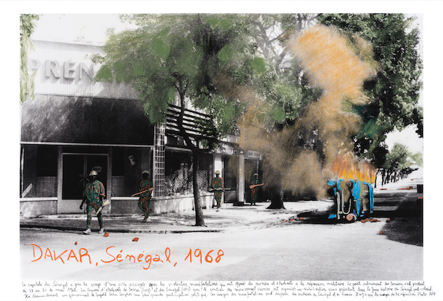 "Dakar, Sénégal, 1968." From the series "1968: The Fire of Ideas", 2017. Black and white archival photograph © Agence France Presse, 1968, intervened with handwritten texts by the artist.
Printed with hard pigment inks on Hahnemühle paper. 60 x 90 cm. Monotype. Ed. 7