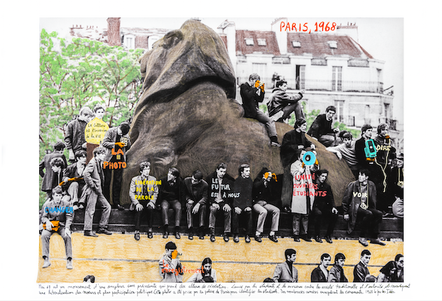 "Paris, 1968." From the series "1968: The Fire of Ideas", 2017. Black and white archival photograph © Préfecture de Paris,1968, intervened with handwritten texts by the artist. Printed with hard pigment inks on Hahnemühle paper. 60 x 90 cm. Monotype. Ed. 7