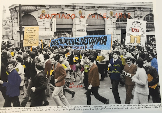 "Santiago de Chile, 1968." From the series "1968: The Fire of Ideas", 2017. Black and white archival photograph © Archivo Universidad de Santiago de Chile, 1968, intervened with handwritten texts by the artist. Printed with hard pigment inks on Hahnemühle paper.
60 x 90 cm. Monotype. Ed. 7