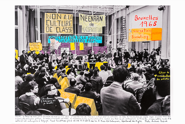 "Counterculture Class, 1968." From the series "1968: The Fire of Ideas", 2016. Black and white archival photograph © Archives Bozar, intervened with handwritten texts by the artist.
Printed with hard pigment inks on Hahnemühle paper. 60 x 90 cm. Monotype. Ed. 7
