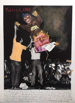 "Mexico, 1968." From the series "1968: The Fire of Ideas", 2017. Black and white archival photograph © Rodrigo Moya, 1968, intervened with handwritten texts by the artist. Printed with hard pigment inks on Hahnemühle paper.
90 x 60 cm. Monotype. Ed. 7